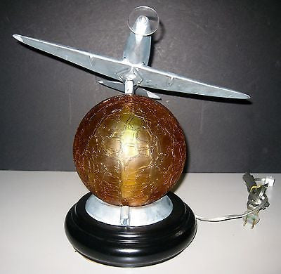 WWII Style Fighter Airplane Art Deco Lamp with a Crackled Glass Globe- Aluminum