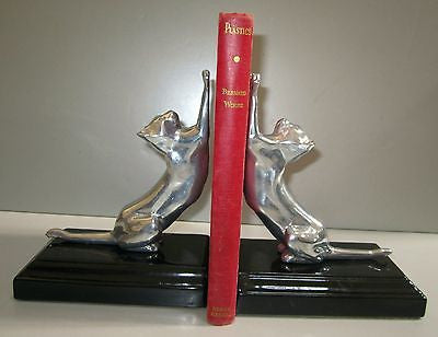 Frankart Style Cats Up + Down Bookends, Art Deco - Moderne in Black+Alum a Pair