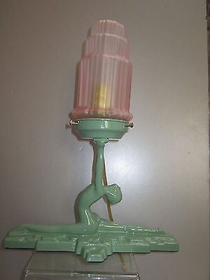 Frankart style "NuArt" Art Deco Lamp Nymph Doing a Split in Green Glass+ metal