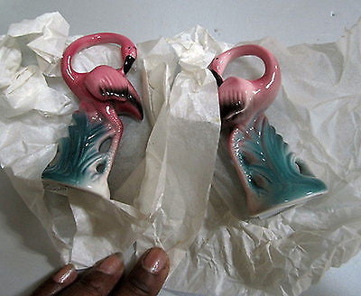 Flamingo large salt and pepper shakers, s + p ceramic  c1986  4" tall
