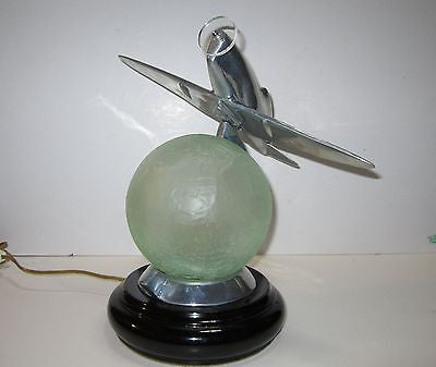 WWII Style Fighter Airplane Art Deco Lamp with a Crackled Glass Globe- Aluminum