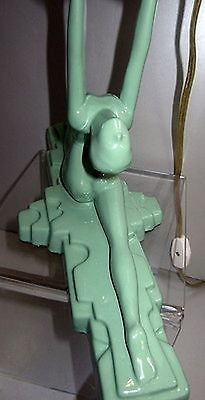 Frankart style "NuArt" Art Deco Lamp Nymph Doing a Split in Green Glass+ metal