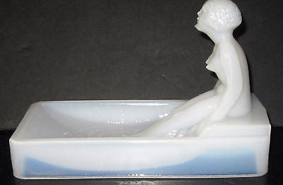 Art Deco nymph card desk tray ashtray soapdish in opal white all glass USA