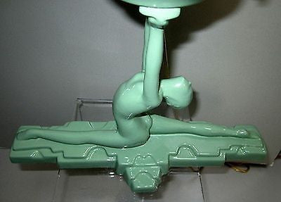 Frankart style "NuArt" Art Deco Lamp Nymph Doing a Split in Green Glass+ metal