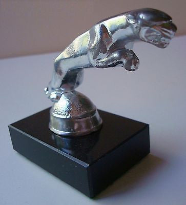 1950's JAGUAR AUTO CAR HOOD ORNAMENT MASCOT by HOFFMAN, all metal on marble base