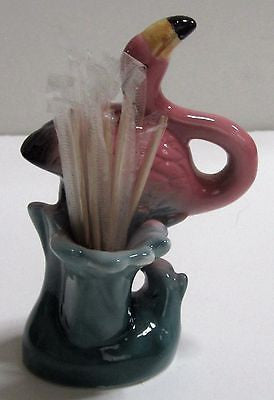 Flamingo Toothpick or Pen Holder Figurine - Ceramic - 1980's  3-1/4" taLL
