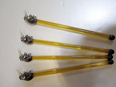 (4 PCs) Rhino Rhinoceros Lead Crystal Glass Cocktail Sticks Stix-Drink StirreRS