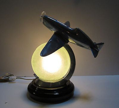 WWII Style Fighter Airplane Art Deco Lamp with a Crackled Glass Globe- Aluminum