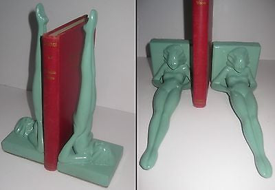 Frankart standing nymphs bookends art deco in green metal 9-1/4" tall a pair USA