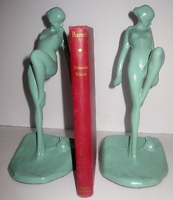 FrankArt Nymph with Frog Bookends, Art Deco in Green 10" Tall- metal, a paIR