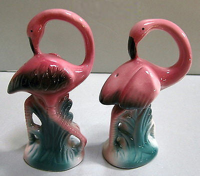 Flamingo large salt and pepper shakers, s + p ceramic  c1986  4" tall