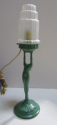 Frankart Art Deco Standing Lamp Up Stretched Arms Greenie all metal and Glass