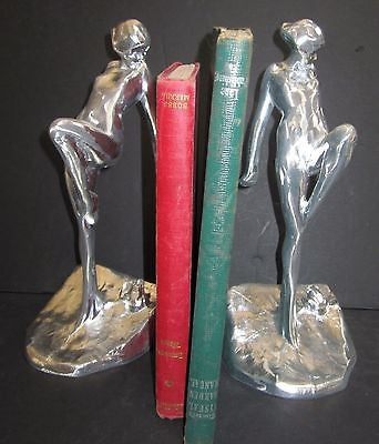Frankart Nymph with Frog Bookends Art Deco in unfinshed aluminum 10" Tall a pair