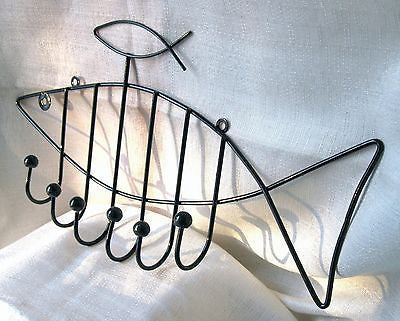 1970'S Eames Style Art Deco 2 Fish Wall coat, key, mug rack  steel wiRE
