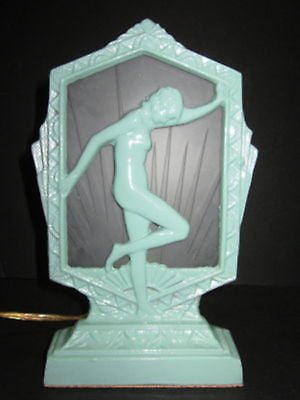 Frankart Style Flapper Nymph Art Deco in Greenie Lamp in Metal & glaSS
