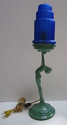 Frankart Art Deco Standing Lamp Up Stretched Arms Greenie all metal and Glass