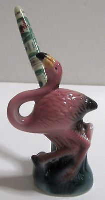 Flamingo Toothpick or -Pen Holder Figurine Ceramic 1980's  3-1/4 inches tall