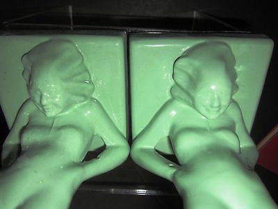 Frankart standing nymphs bookends art deco in green metal 9-1/4" tall a pair USA