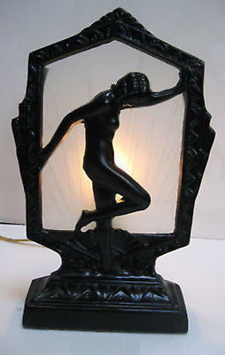 Frankart Style Flapper Nymph Art Deco in Black Lamp in metal & glaSS