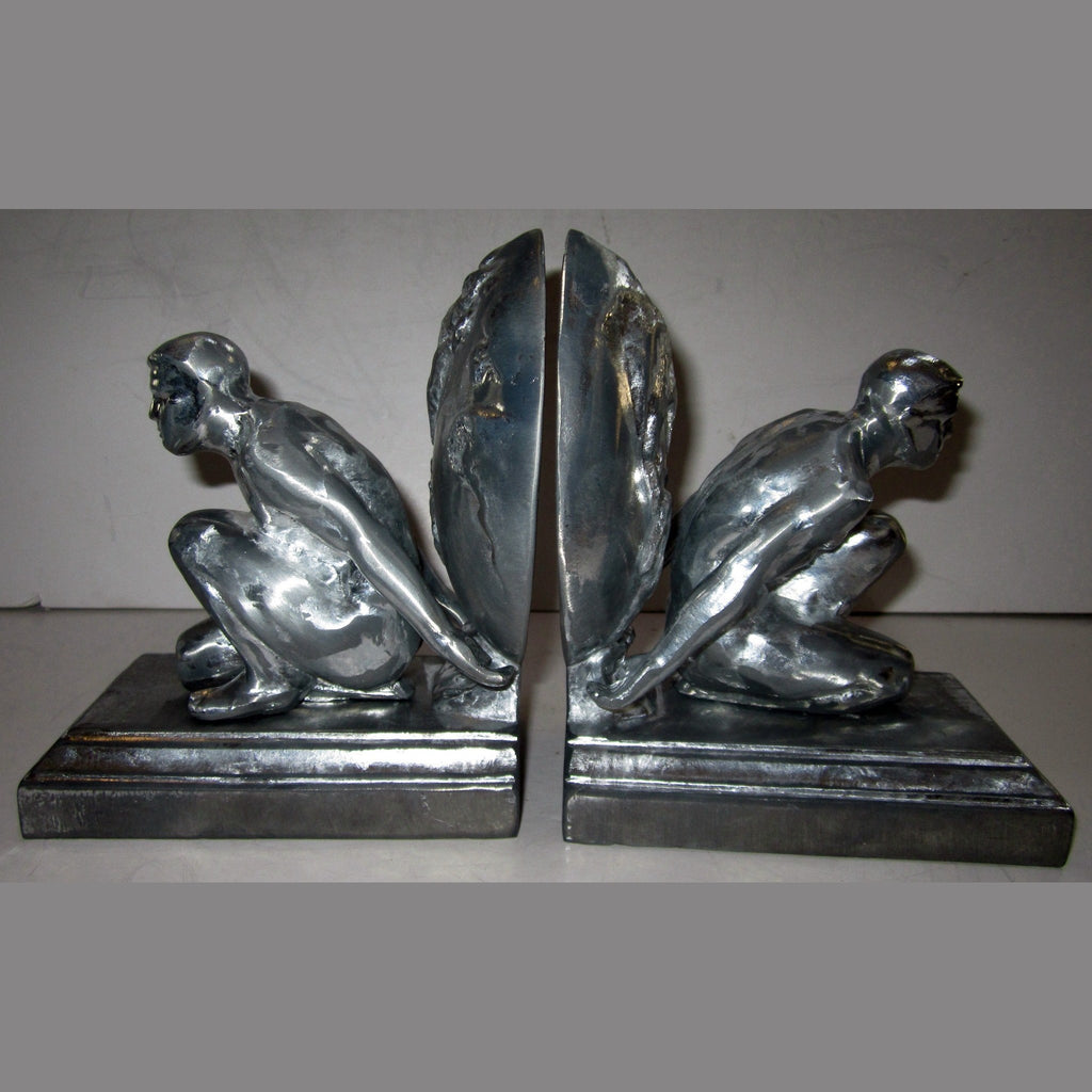 Frankart style Atlas male bookends, unpolished aluminum (pair)