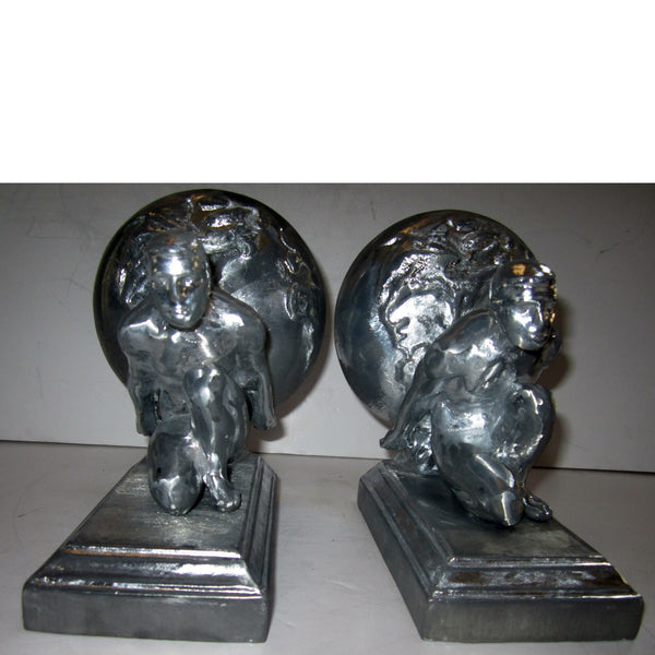 Frankart style Atlas male bookends, unpolished aluminum (pair)