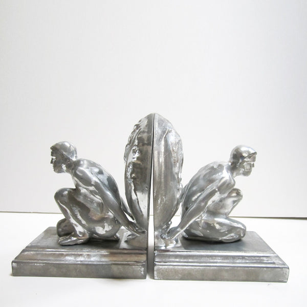 Frankart style Atlas nude male bookends, polished aluminum (pair)
