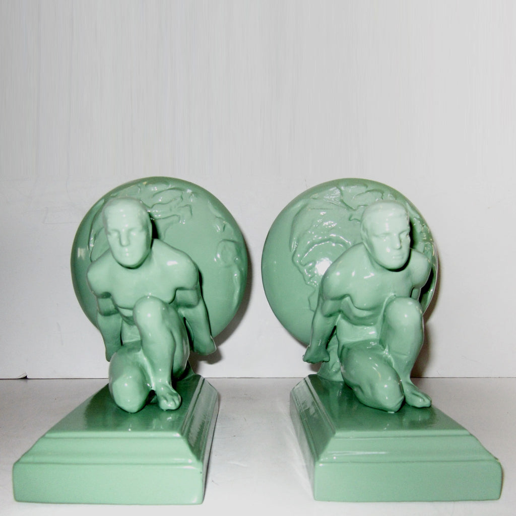Frankart style Atlas nude male bookends, greenie (pair)