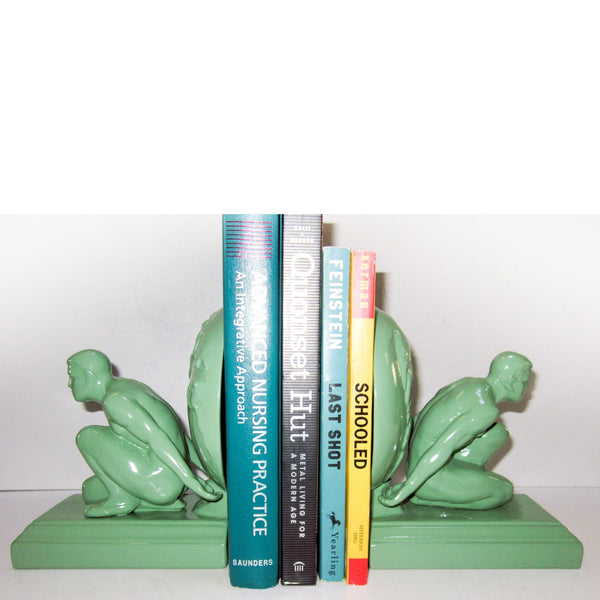Frankart style Atlas nude male bookends, greenie (pair)