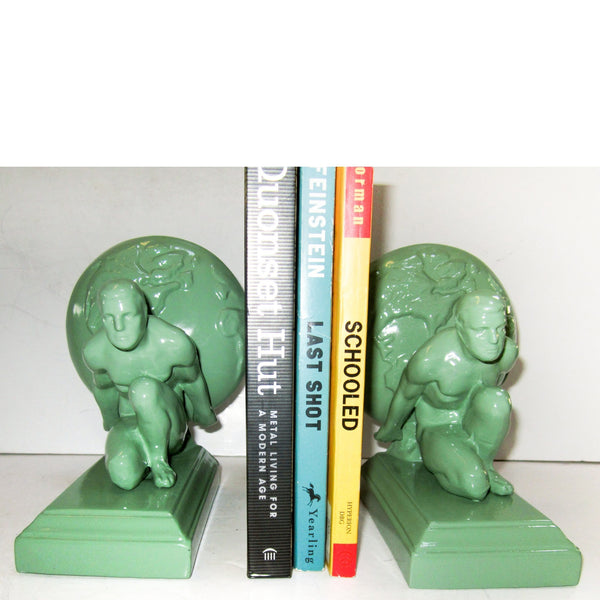 Frankart style Atlas nude male bookends, greenie (pair)