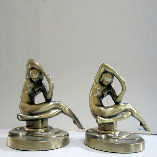 Frankart Art Deco kneeling nymph bookends, brass (pair)