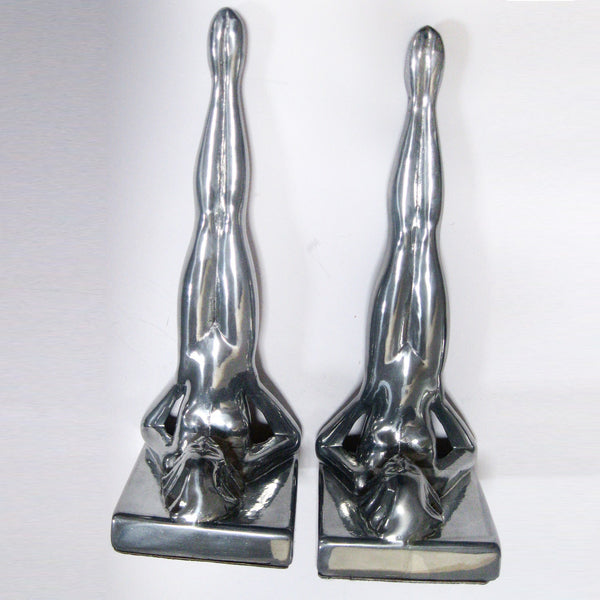 Frankart standing nymph Art Deco bookends, polished aluminum (pair)