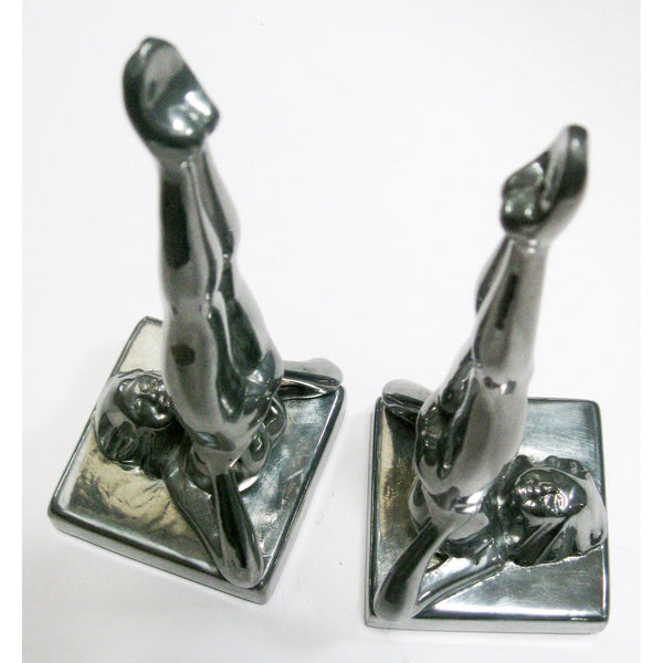 Frankart standing nymph Art Deco bookends, polished aluminum (pair)