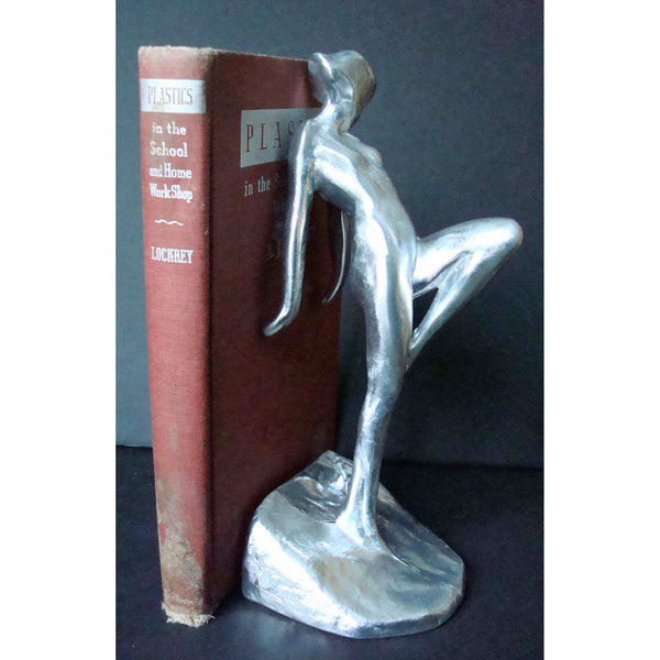 Frankart Art Deco nymph with frog bookends, polished aluminum (pair)