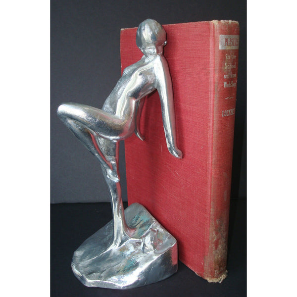 Frankart Art Deco nymph with frog bookends, polished aluminum (pair)