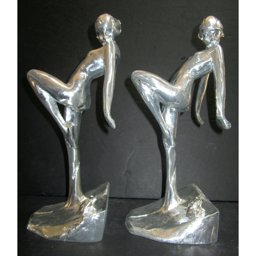 Frankart Art Deco nymph with frog bookends, polished aluminum (pair)