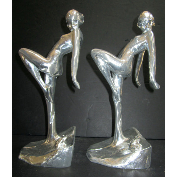 Frankart Art Deco nymph with frog bookends, polished aluminum (pair)