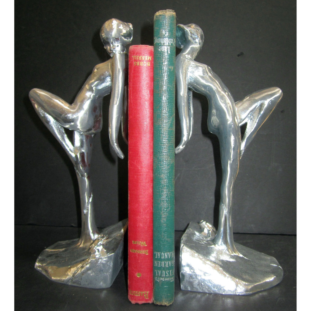 Frankart Art Deco nymph with frog bookends, unfinished aluminum (pair)