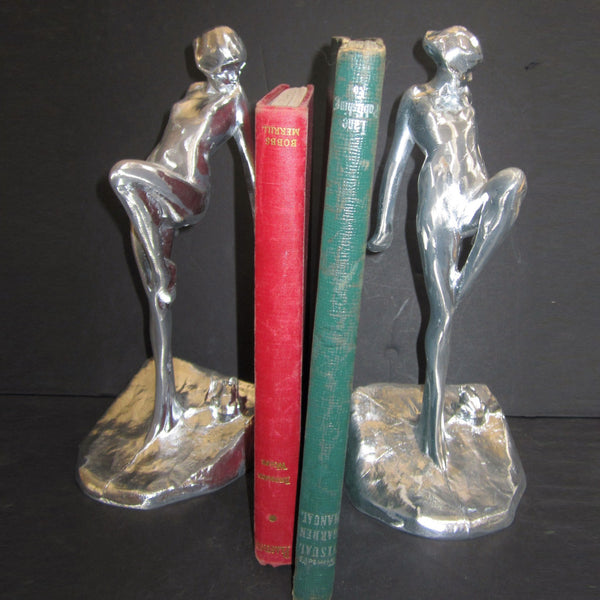 Frankart Art Deco nymph with frog bookends, unfinished aluminum (pair)