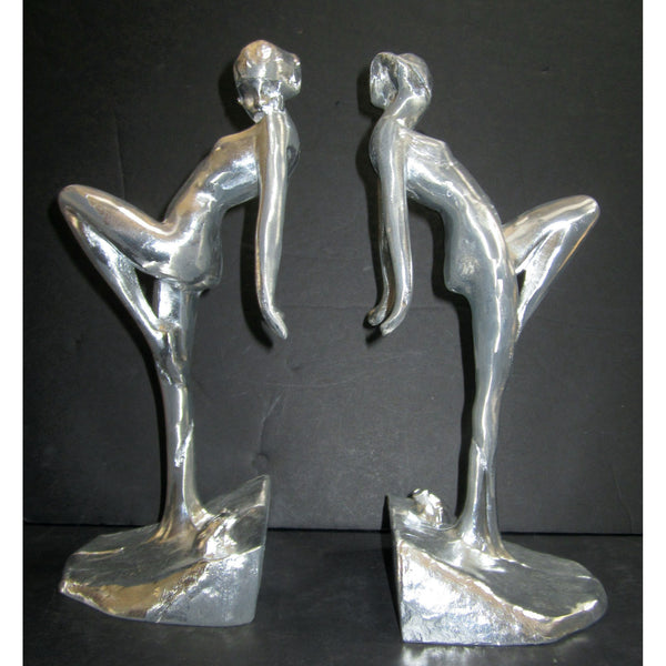 Frankart Art Deco nymph with frog bookends, polished aluminum (pair)