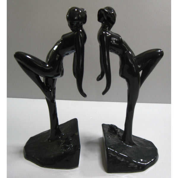 Frankart Art Deco nymph with frog bookends, black (pair)