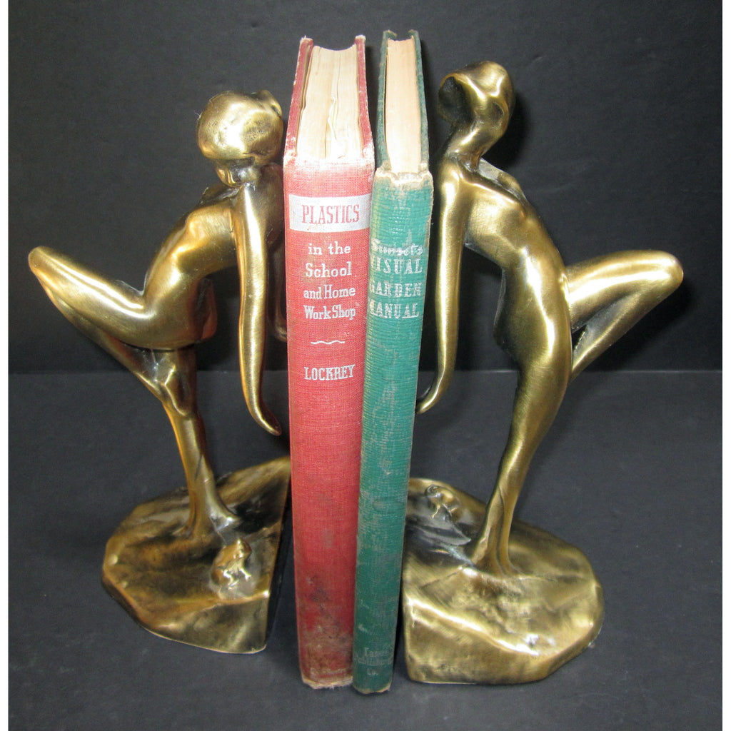 Frankart Art Deco nymph with frog bookends, brass (pair)