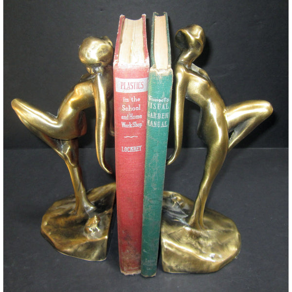 Frankart Art Deco nymph with frog bookends, brass (pair)