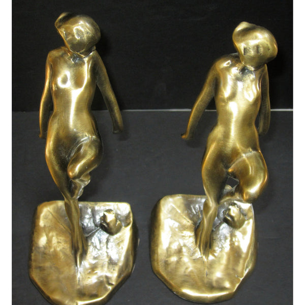 Frankart Art Deco nymph with frog bookends, brass (pair)