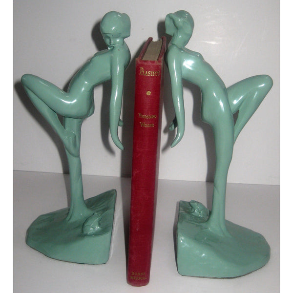 Frankart Art Deco nymph with frog bookends, greenie (pair)