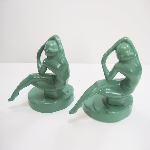 Frankart Art Deco kneeling nymph bookends, greenie aluminum (pair)