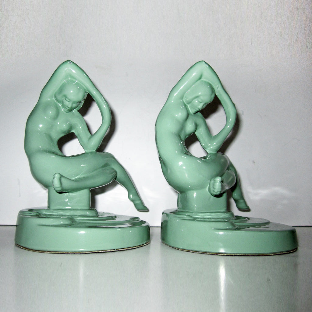 Frankart Art Deco kneeling nymph bookends, greenie aluminum (pair)
