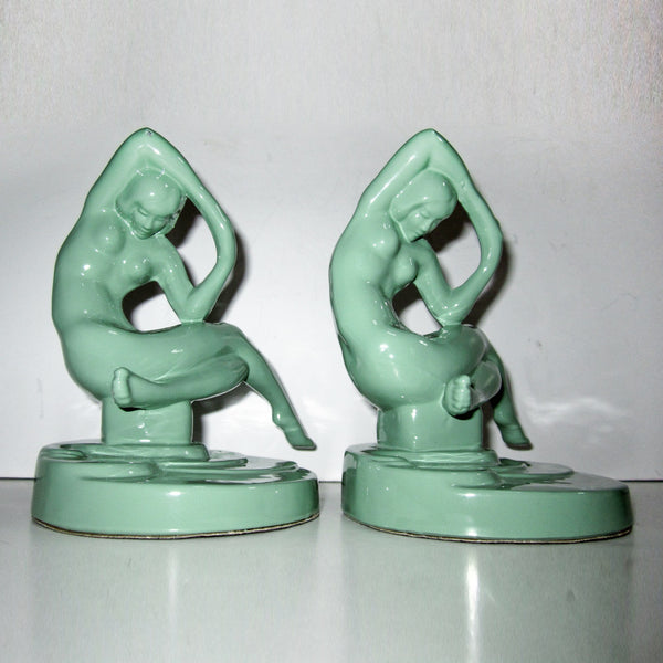 Frankart Art Deco kneeling nymph bookends, greenie aluminum (pair)