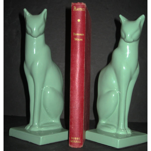 Frankart Art Deco Moderne sitting cat bookends, greenie (pair)