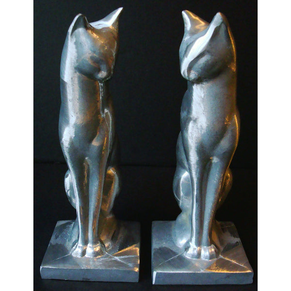 Frankart Art Deco Moderne sitting cat bookends, polished aluminum (pair)