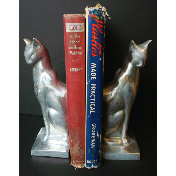 Frankart Art Deco Moderne sitting cat bookends, unfinished aluminum (pair)